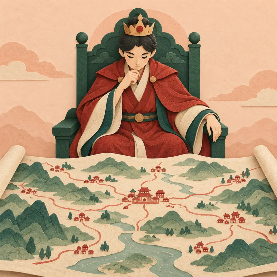 A figure on a throne overlooking a map with small houses