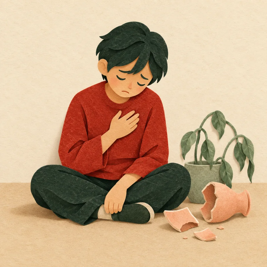 A person bowing their head with a hand pressed to their chest