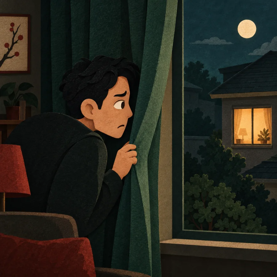 A man peeks through a curtain gap at the neighbor's lit window