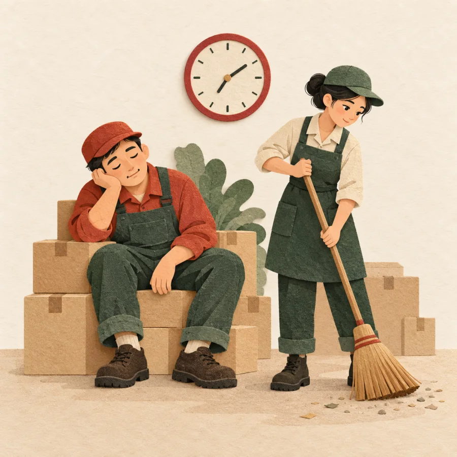 A worker dozes on stacked boxes while a colleague sweeps nearby