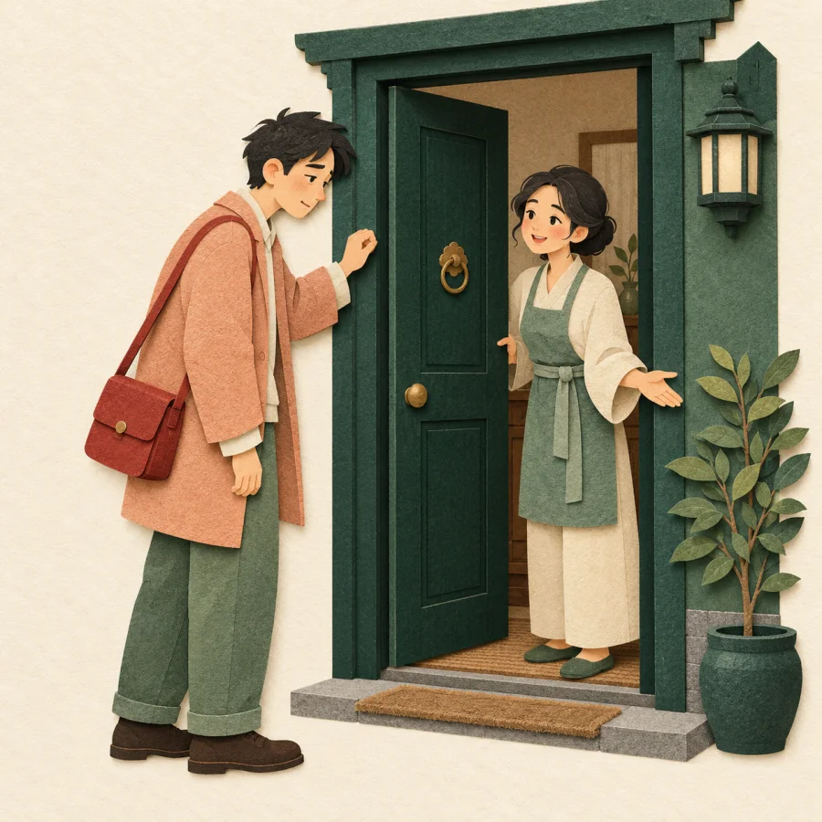 A tired traveler with a bag knocks on the welcoming door of a green house
