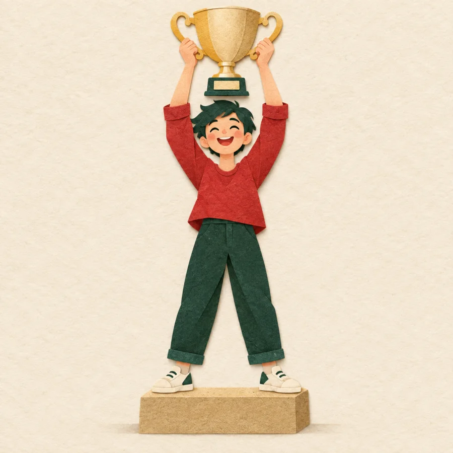 Eine Person hält eine Trophäe hoch