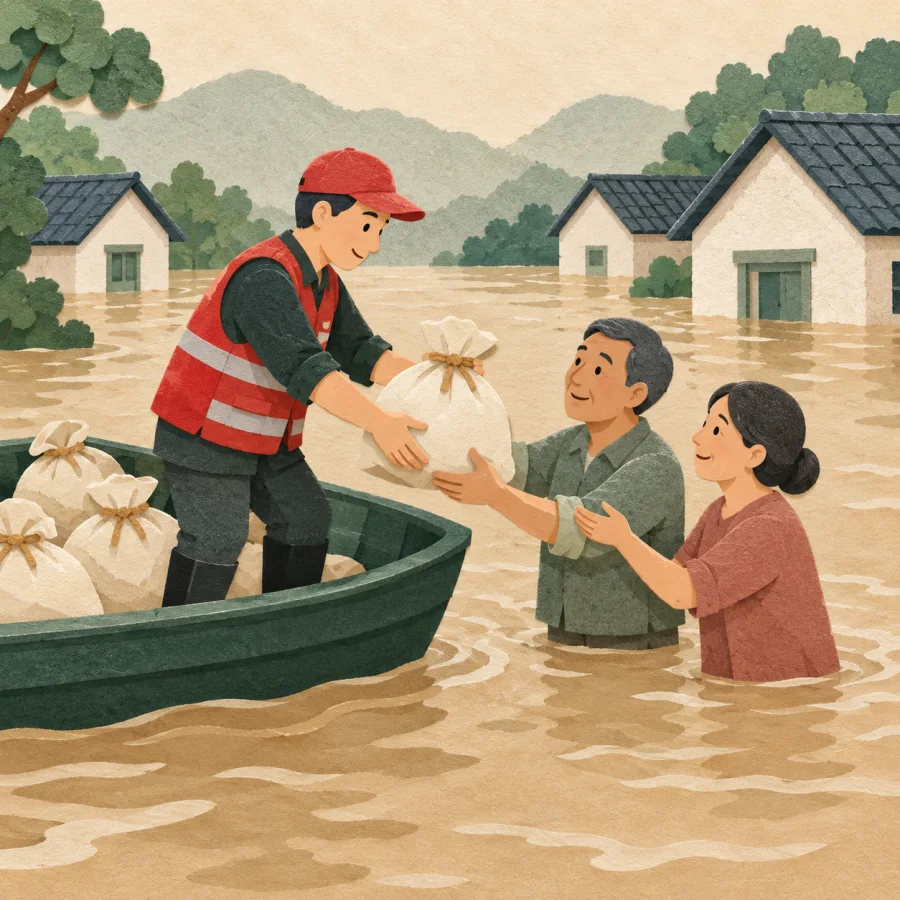 A worker hands out supply sacks from a boat on a flooded street