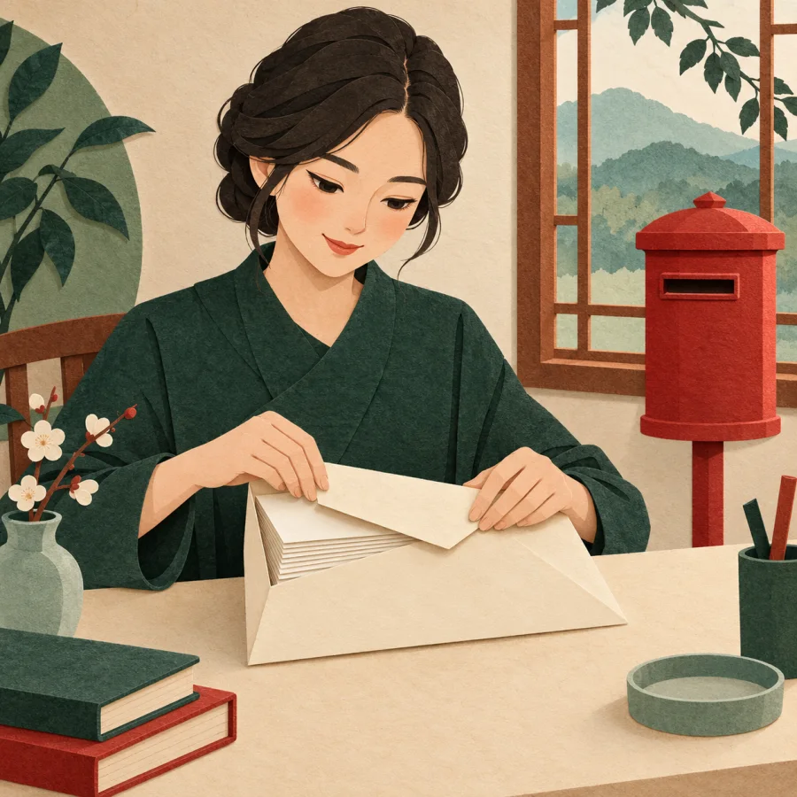 A woman seals a manuscript envelope beside a red mailbox