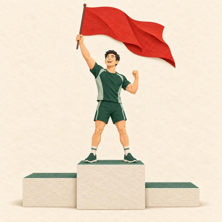 An athlete waves a red flag from the tallest podium step