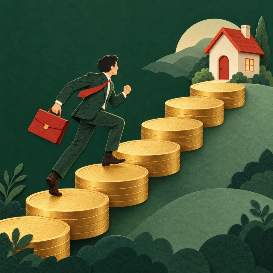 A man with a briefcase hurries to a house over a staircase of gold coins