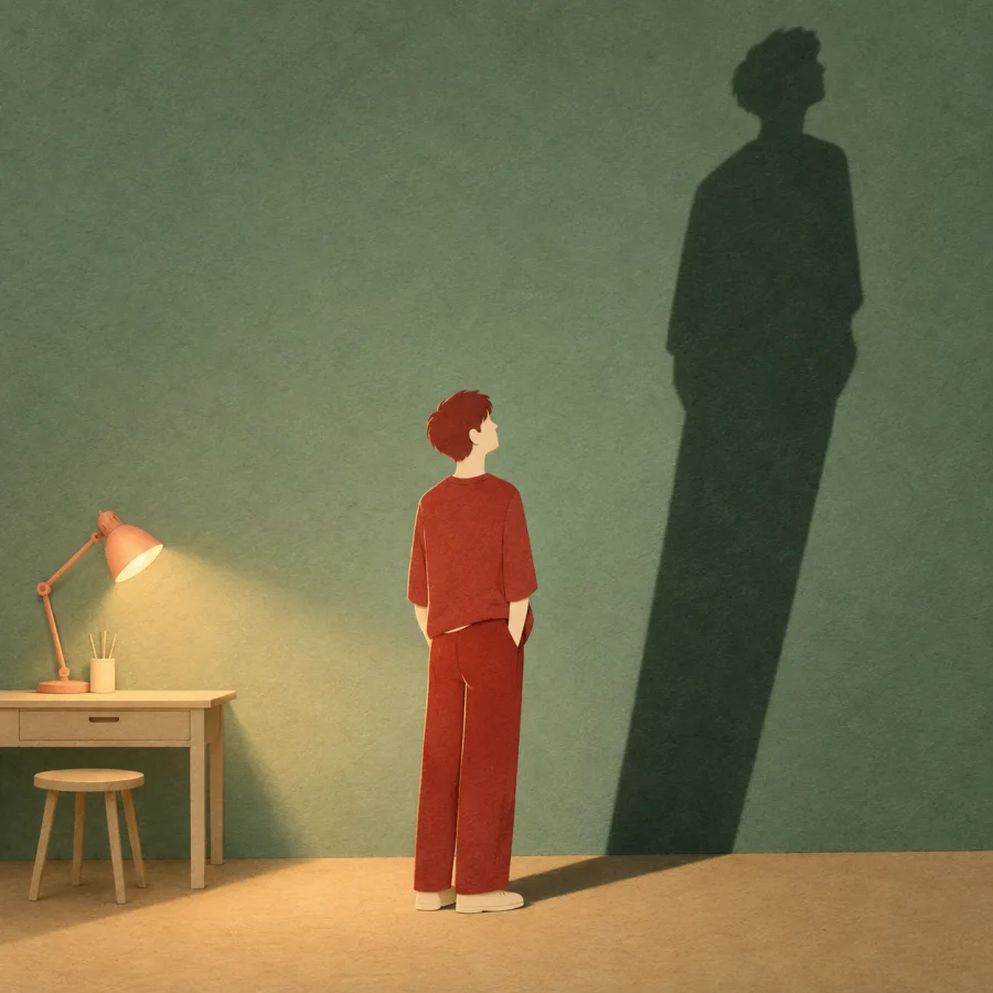 A lamp casts a person's long shadow onto a jade wall