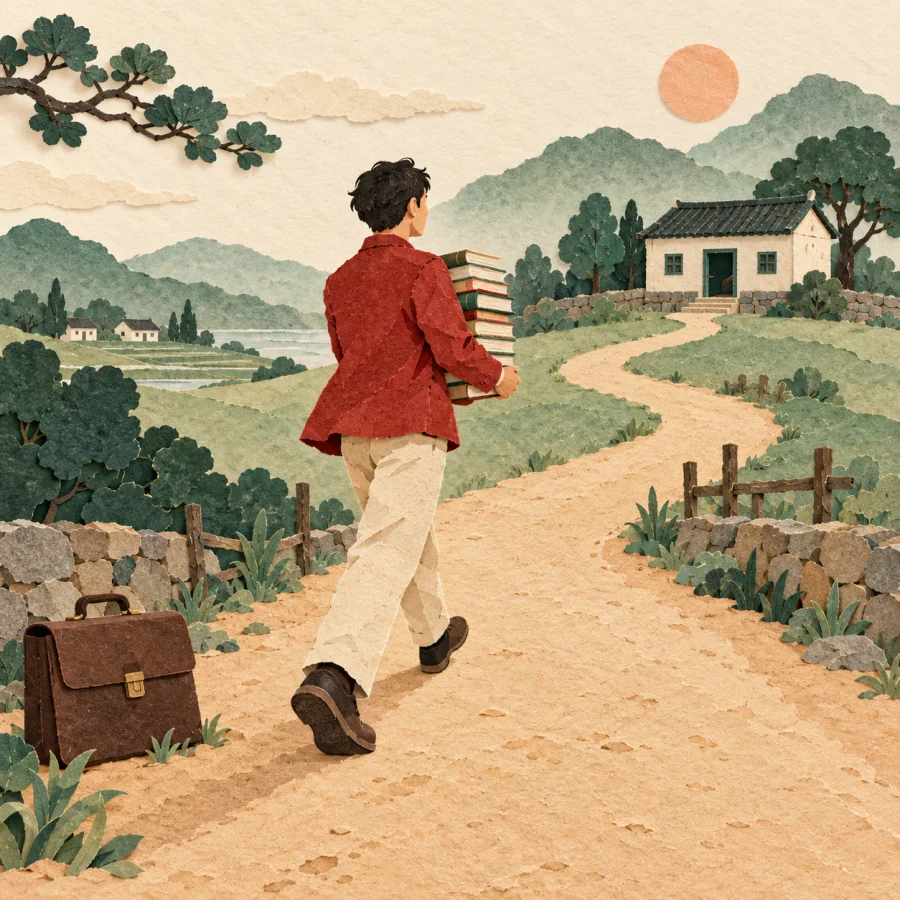 A teacher carries books along a road toward a village school
