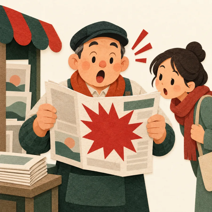 A newsstand vendor holds up a newspaper with a red starburst