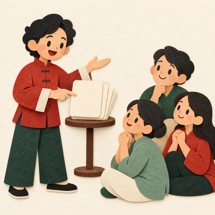 A speaker explains at a stand while listeners nod along