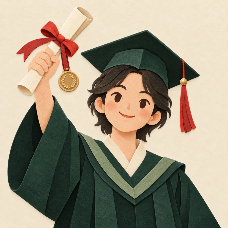 A graduate holds a rolled diploma tied with a red ribbon