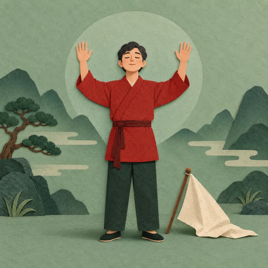A person with raised hands stands beside a lowered flag