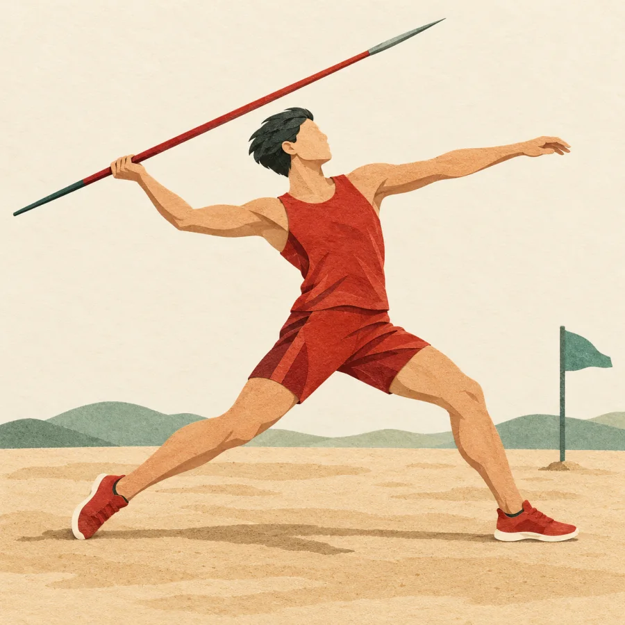 An athlete throws a javelin across an open field
