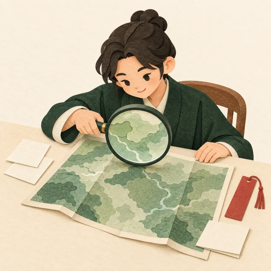 A person studies a map closely with a magnifying glass