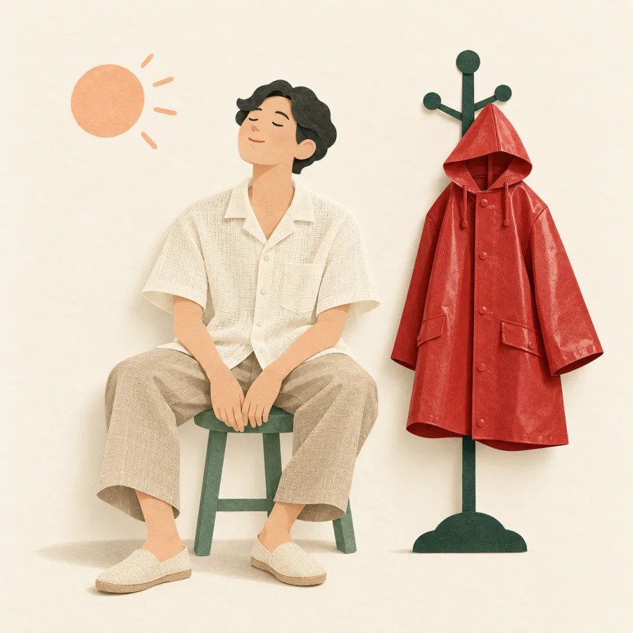 A person in a light shirt sits in the heat, a raincoat hangs nearby