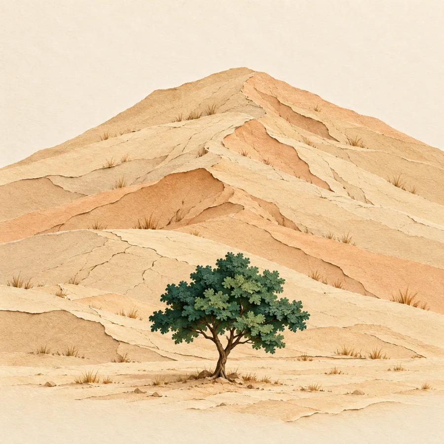 A bare dry hillside next to one small green tree