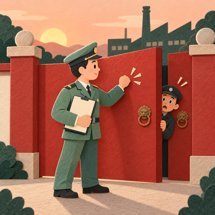An inspector knocks at a factory gate holding a clipboard