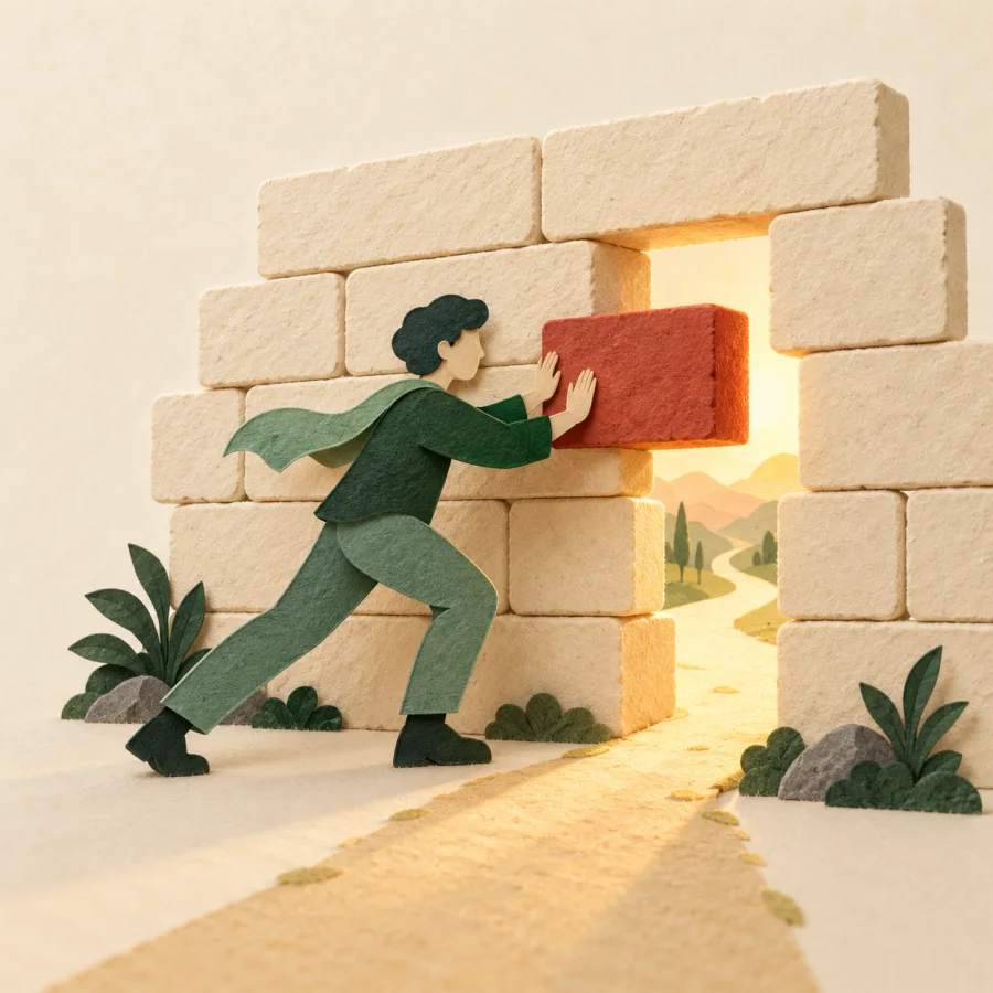 A person pushes a brick from a red wall, light shines through the gap.