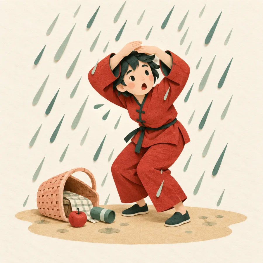 A startled person shielding themselves from a sudden downpour