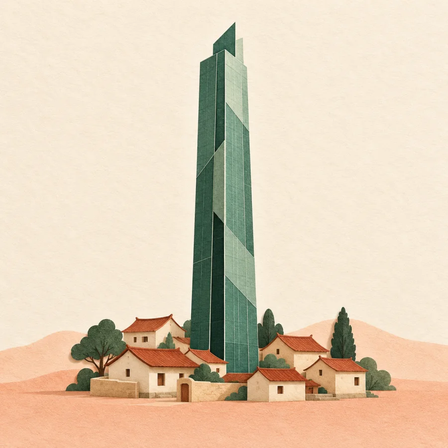 A tall glass tower standing out among small old houses