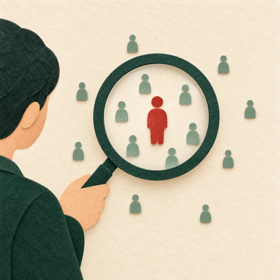 A magnifying glass making one red figure stand out in a crowd