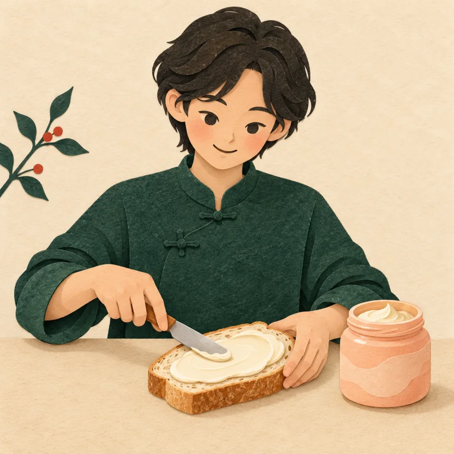 A person spreading cream evenly on a slice of bread