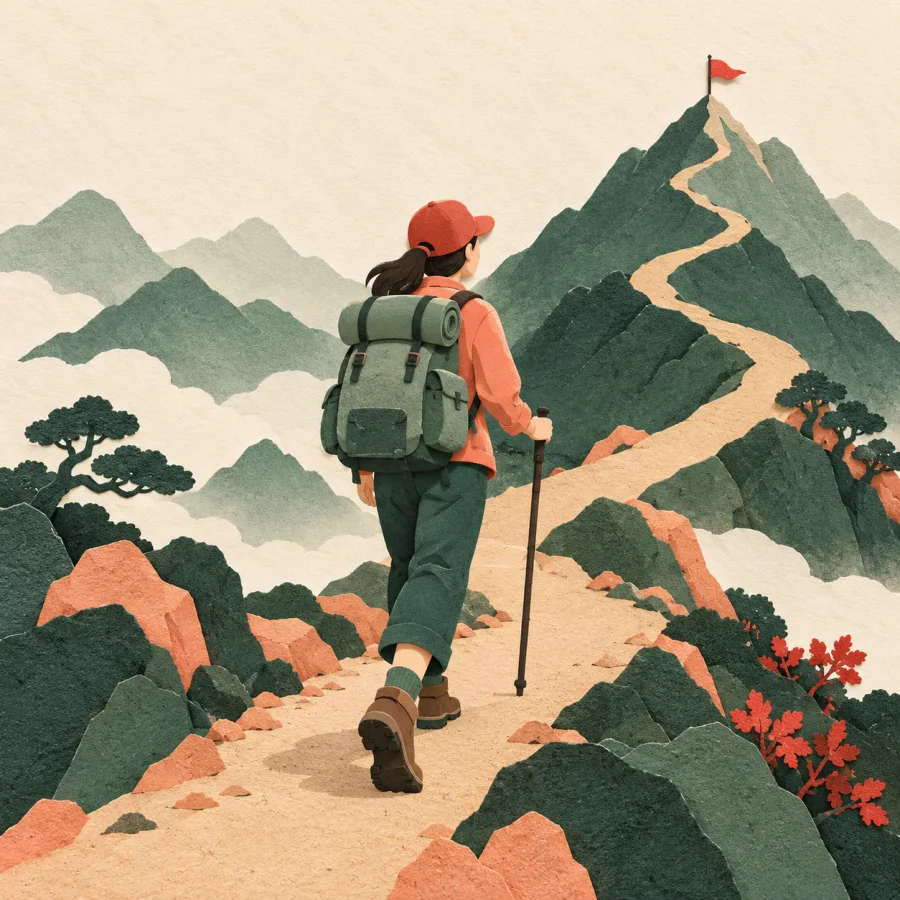 A hiker with a backpack walks along a winding mountain trail