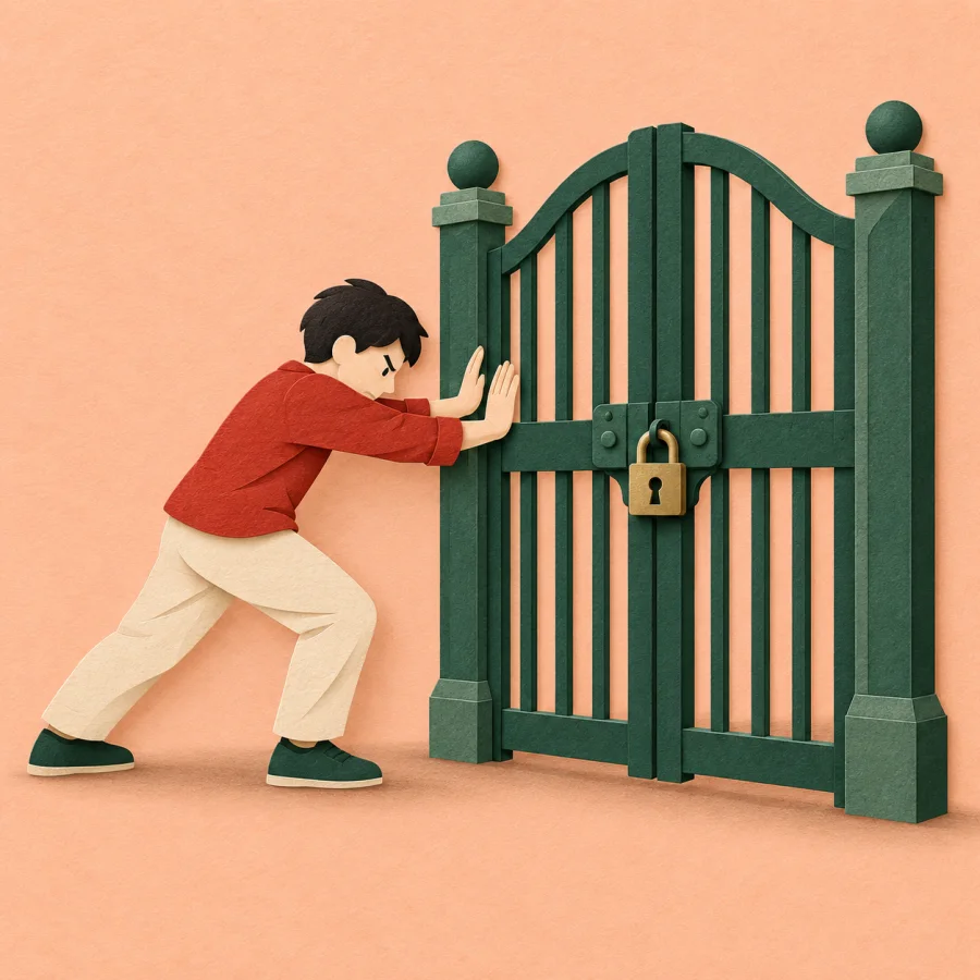 A person pushes against a locked gate with a padlock