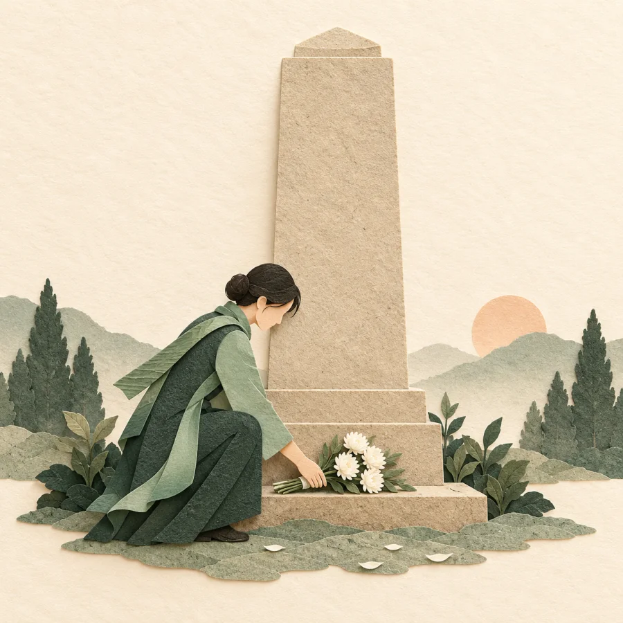 A person places flowers at a tall stone memorial monument