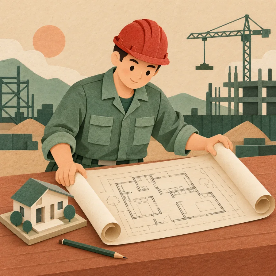 An engineer unrolls a large technical drawing at a building site