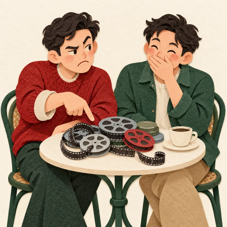 A man points in annoyance at film strips on a table while his friend laughs.