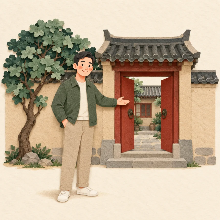 A man gestures at the courtyard where he grew up, beside a rooted tree.
