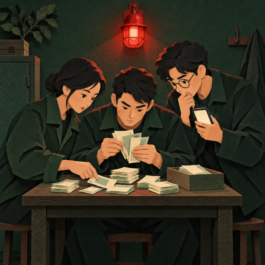 Three figures huddle over money and phones under a red alarm lamp.