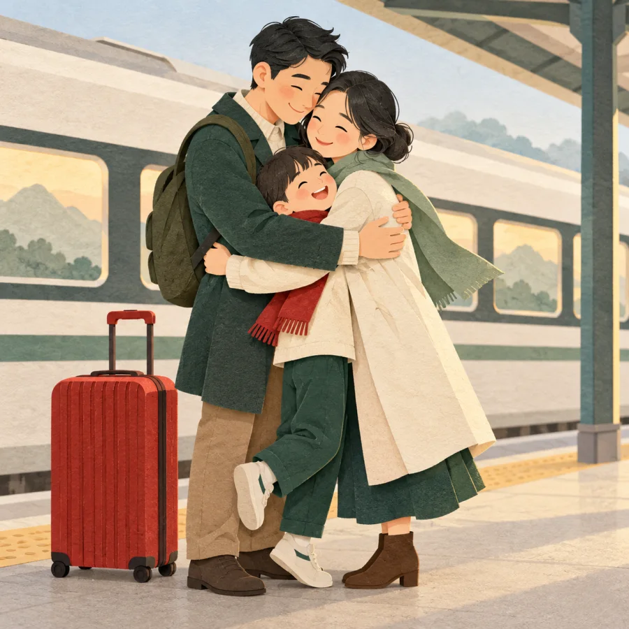 A family embraces on a train platform next to a red suitcase.