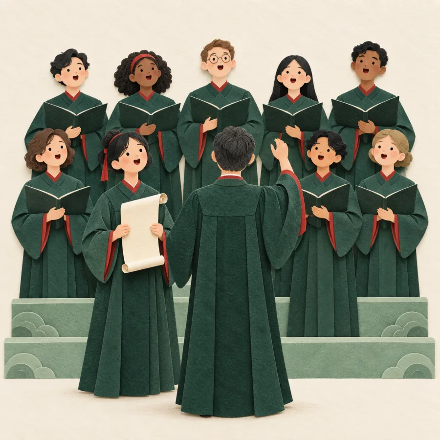 Choir members stand on risers behind a conductor; one singer holds music.