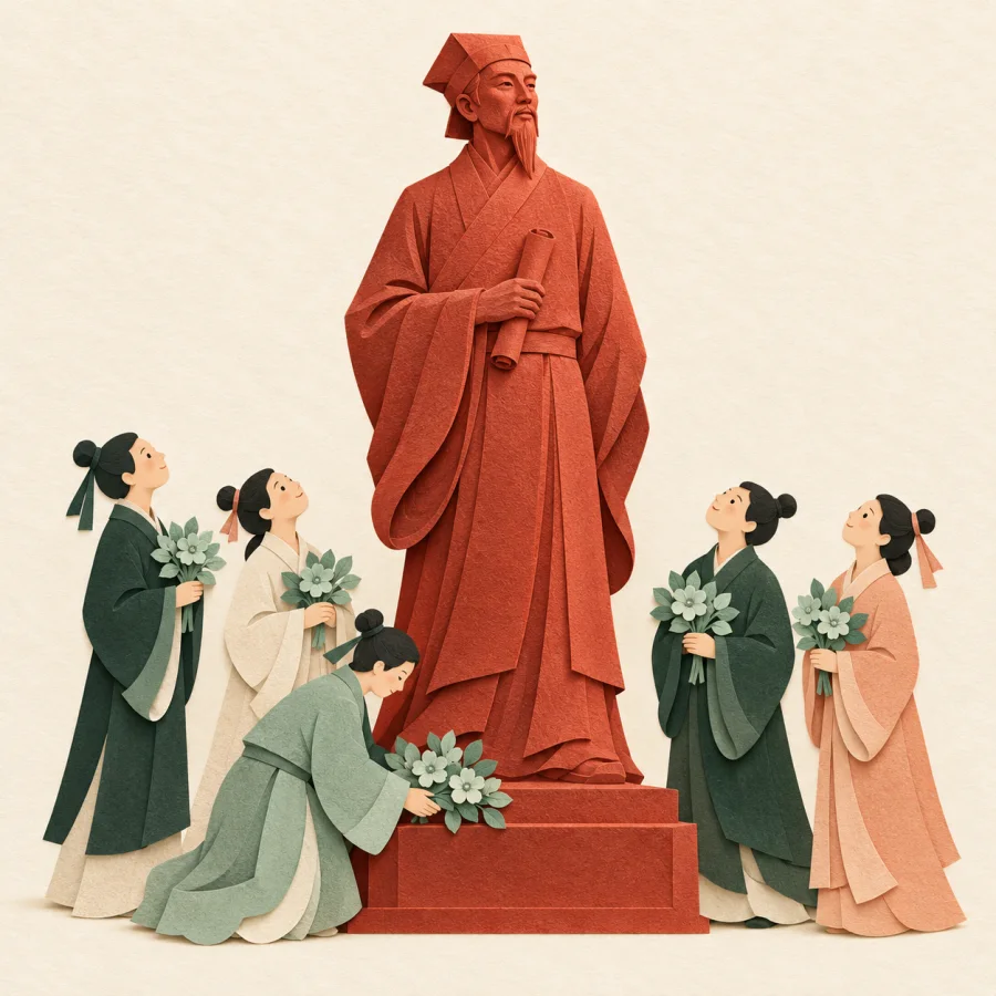 People lay flowers at the base of a scholar's statue