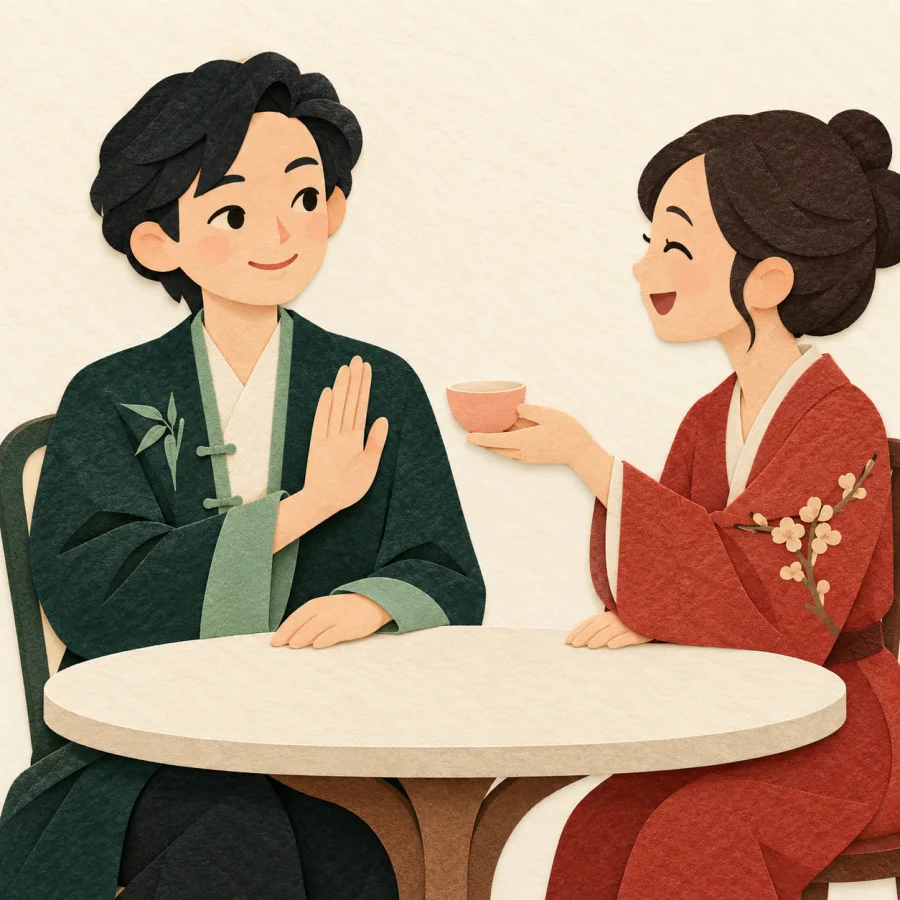 A person politely refuses a cup of tea offered by a guest