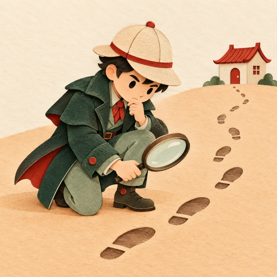 A detective follows a trail of footprints with a magnifying glass