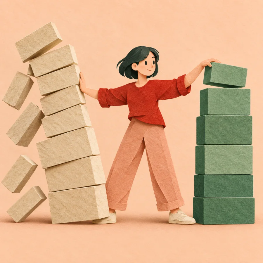 A person topples an old block tower and builds a new one