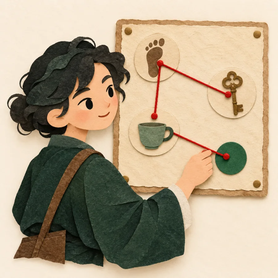 A person links clues with red thread on a board