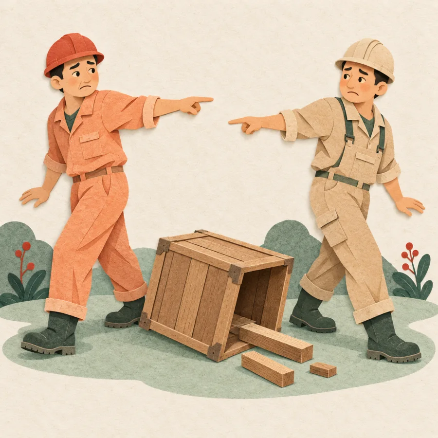 Two workers point at each other beside a toppled crate