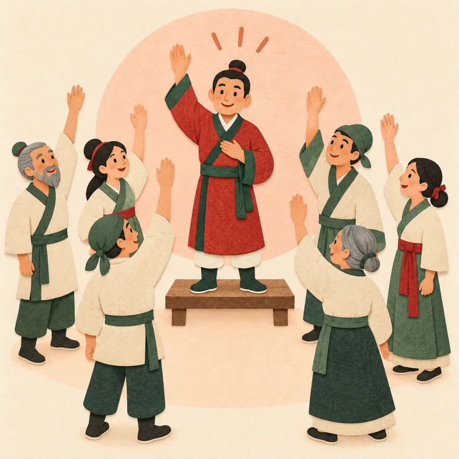 A village meeting elects a person with raised hands