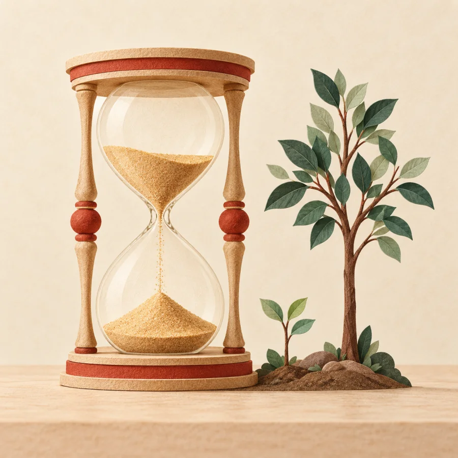 An hourglass with falling sand beside a growing young tree