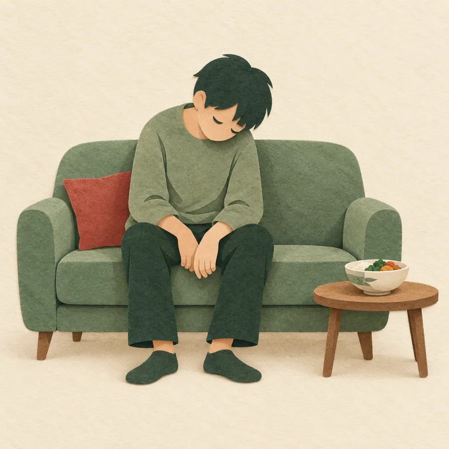 A slumped figure sits on a couch near an untouched bowl of food