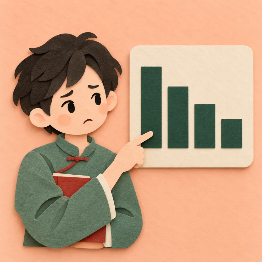 A worried student looks at a descending bar chart