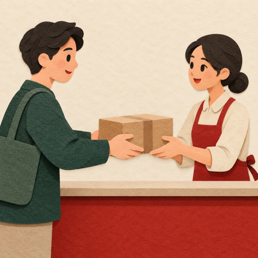 A customer hands a boxed parcel back over a counter
