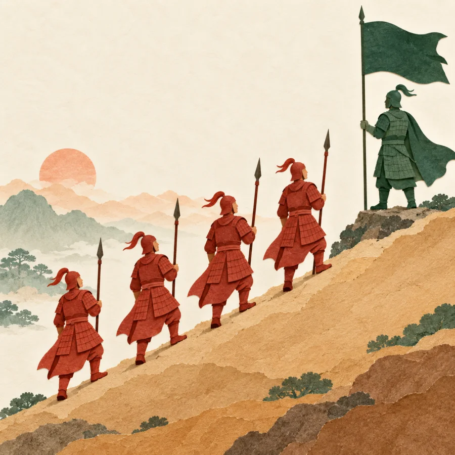 A line of soldiers walks backward down a slope while a flag bearer stands firm