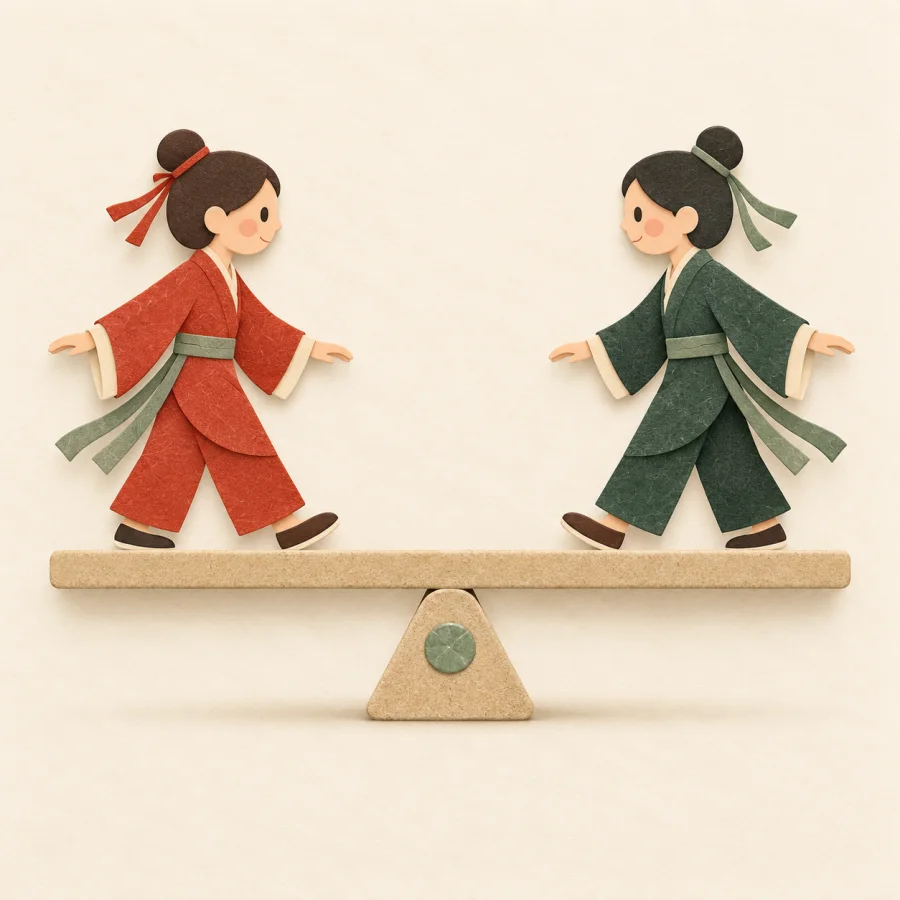 Two people step from opposite ends of a balance bridge toward the middle