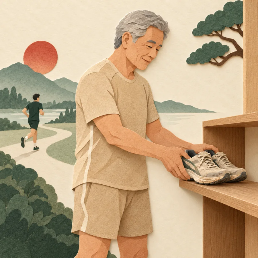 An older runner puts worn shoes on a shelf while a young athlete trains