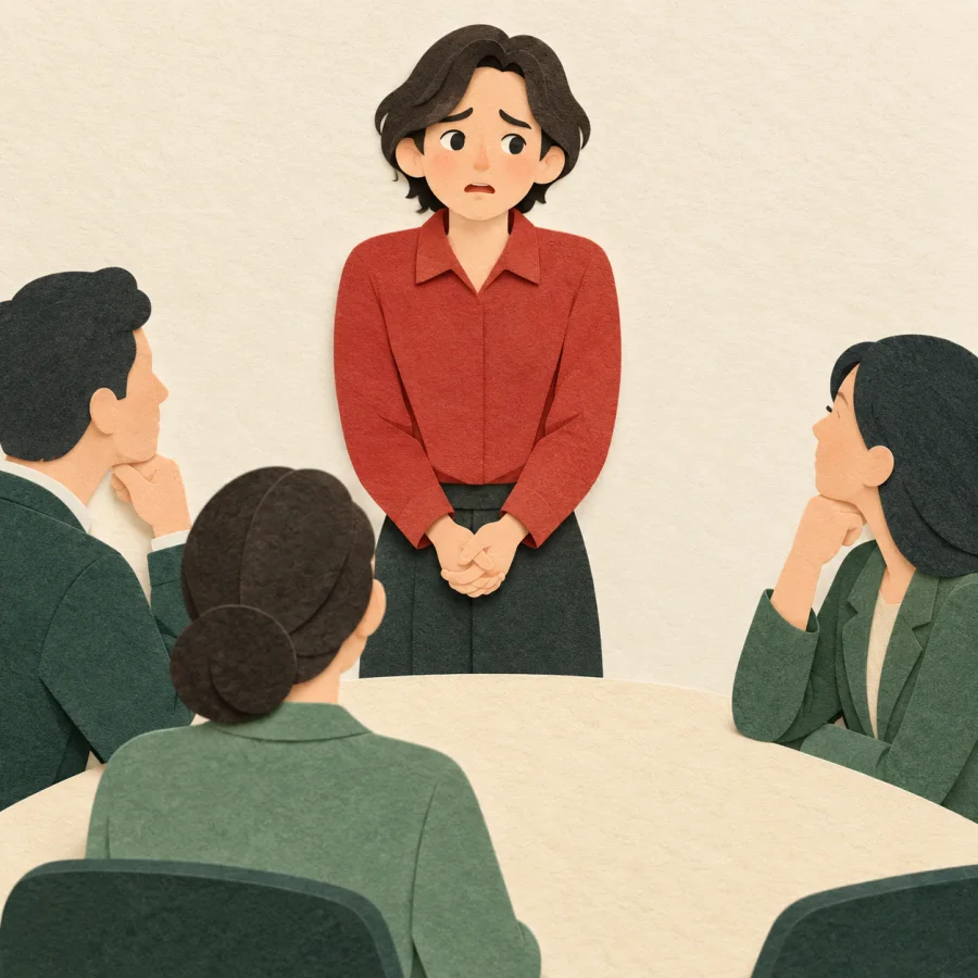A nervous person stands before seated colleagues, hesitating to speak
